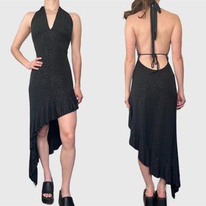 Vintage Y2K Halter Dress, 00s Black Sparkly Sexy Asymmetrical Formal Dress